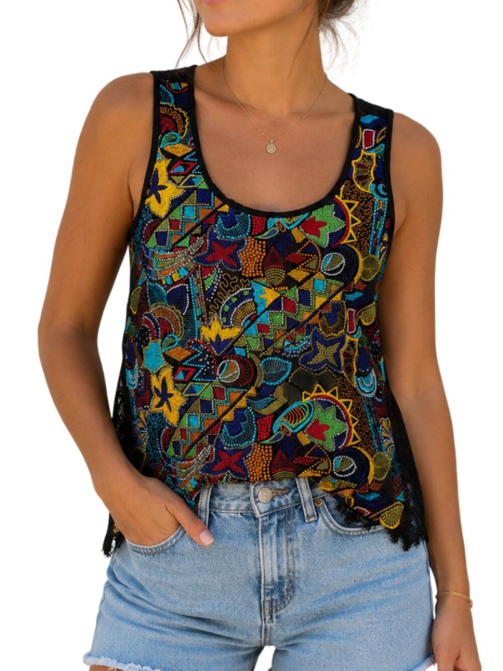 PatBo Ikram beaded lace tank top size EU 40 US 8 M L embroidered colorful floral